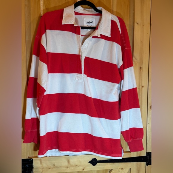 Aerie Oversized Prep Rally Rugby Shirt Red White Stripe Y2K Aesthetic Small - Picture 6 of 12